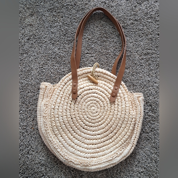 INC International Concepts Handbags - INC Melani Woven Straw Circle Bag/Purse, Natural, Vegan Leather Straps